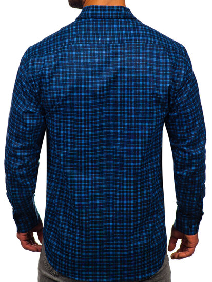 Men's Long Sleeve Checkered Flannel Shirt Navy-Blue Bolf F5