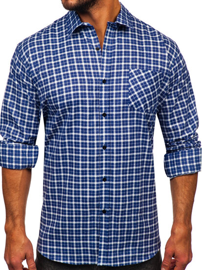 Men's Long Sleeve Checkered Flannel Shirt White-Navy Blue Bolf F5