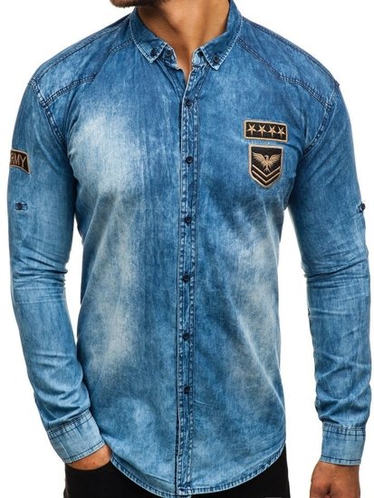 Men's Long Sleeve Denim Shirt Blue Bolf 0992
