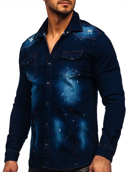 Men's Long Sleeve Denim Shirt Navy Blue Bolf R703
