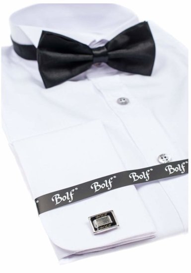 Men's Long Sleeve Shirt Bow Tie + Cufflinks White Bolf 4702