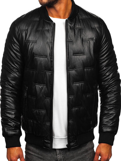Men’s Quilted Leather Winter Bomber Jacket Black Bolf 11Z8099
