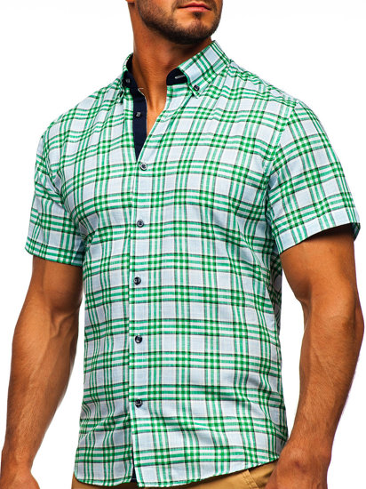 Men's Short Sleeve Checkered Shirt Green Bolf 201501