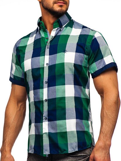 Men's Short Sleeve Checkered Shirt Green Bolf 5532
