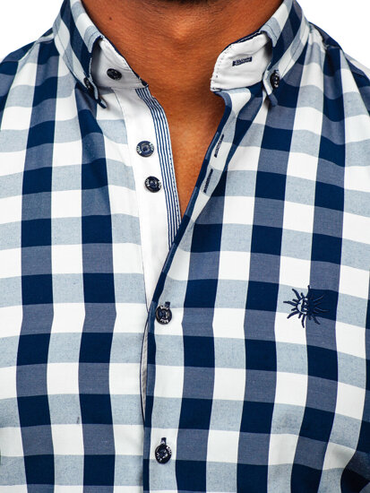 Men's Short Sleeve Checkered Shirt Navy Blue Bolf 4508