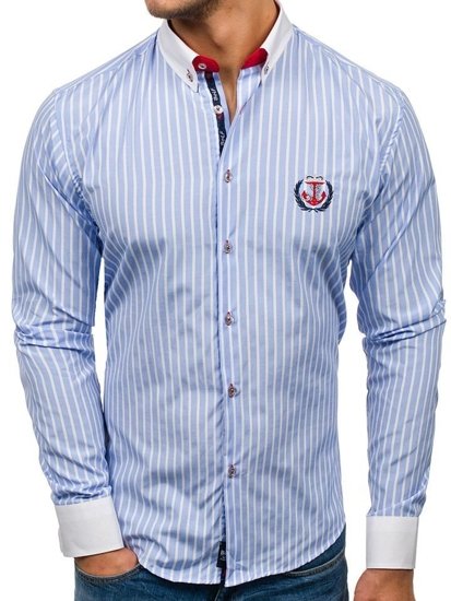 Men's Striped Long Sleeve Shirt Sky Blue Bolf 1771