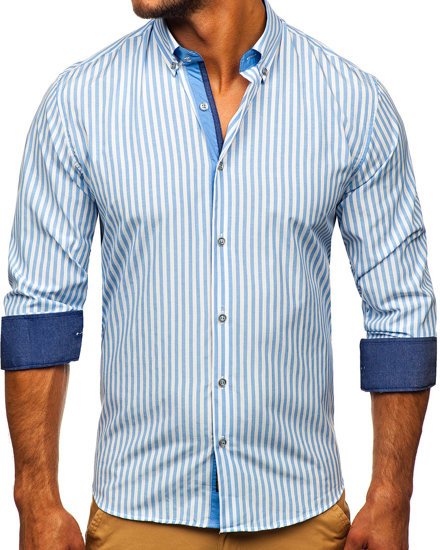 Men's Striped Long Sleeve Shirt Sky Blue Bolf 20704
