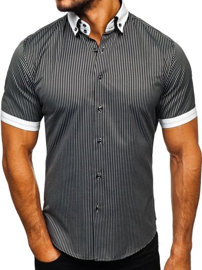 Men's Striped Short Sleeve Shirt Black Bolf 1808