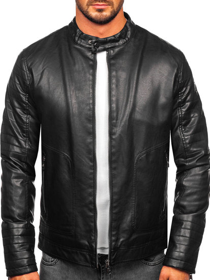 Men's Warm Leather Biker Jacket Black Bolf 92531