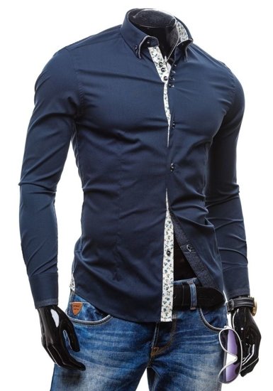 Navy Blue Men's Elegant Long Sleeve Shirt Bolf 7180