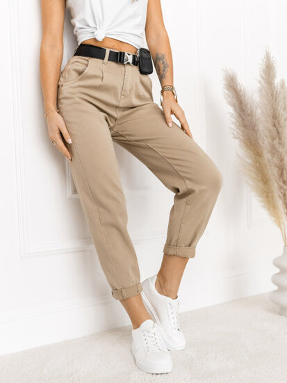 Women's High Waist Jeans with Belt and Pouch Beige Bolf LA688