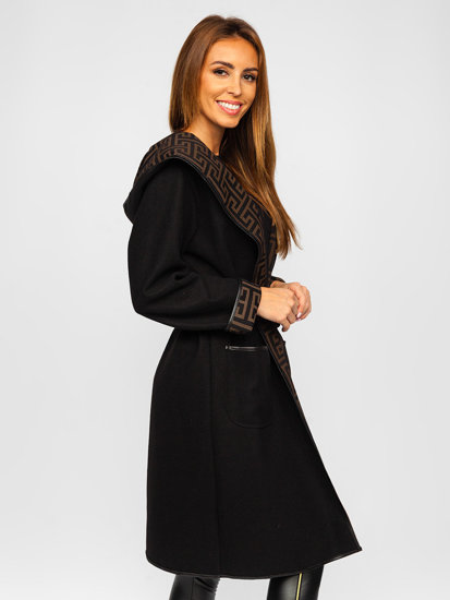 Women's Longline Coat with Belt Black-Brown Bolf 1077