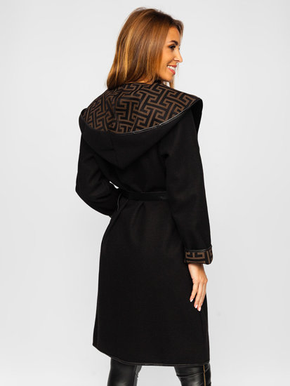 Women's Longline Coat with Belt Black-Brown Bolf 1077