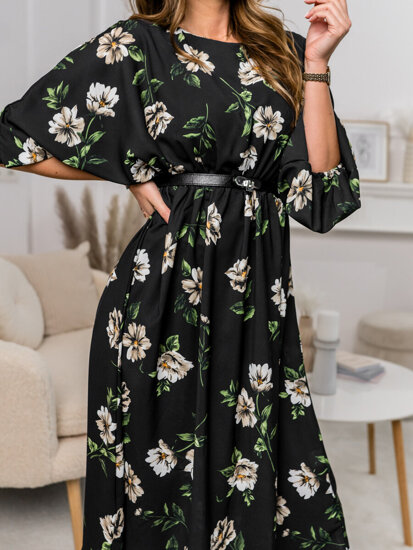 Women's Longline Floral Dress Black-Beige Bolf XY202116
