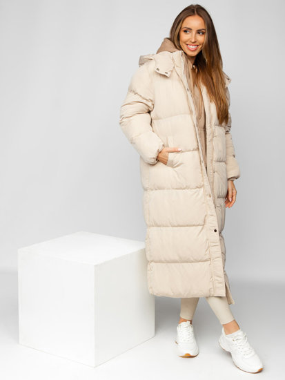 Women's Longline Quilted Winter Coat Jacket with Hood Beige Bolf R6702