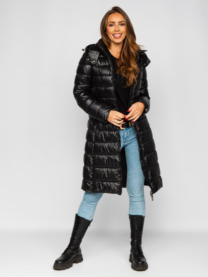 Women's Longline Quilted Winter Coat Jacket with Hood Black Bolf MB0276