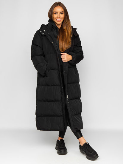Women's Longline Quilted Winter Coat Jacket with Hood Black Bolf R6702