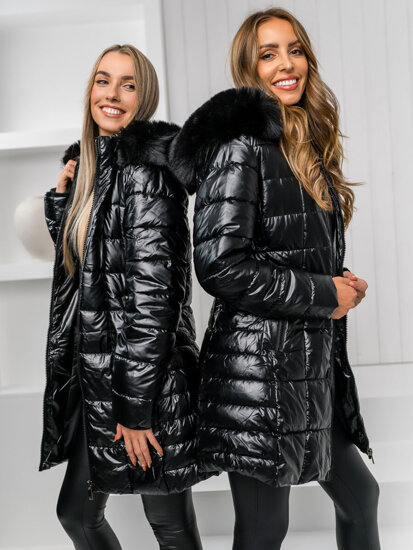 Women's Longline Quilted Winter Jacket with hood Black Bolf 16M9120A