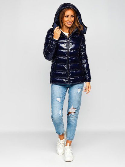 Women's Winter Quilted Hooded Jacket Navy Blue Bolf B9583