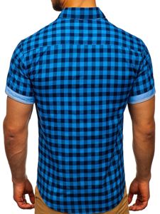 Men's Checked Short Sleeve Shirt Blue Bolf 4508