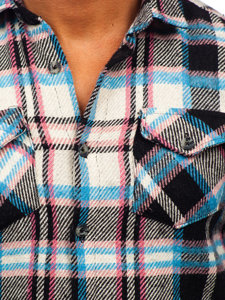 Men's Checkered Long Sleeve Flannel Shirt Blue-Pink Bolf 22704