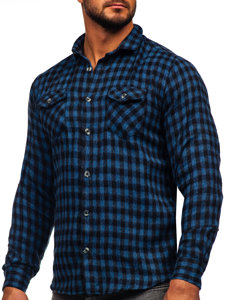Men's Checkered Long Sleeve Flannel Shirt Navy Blue Bolf 22701