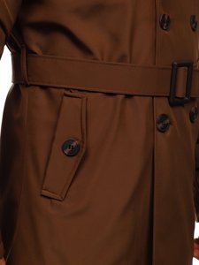 Men's Double-breasted Trench Coat with High Collar and Belt Brown Bolf 0001