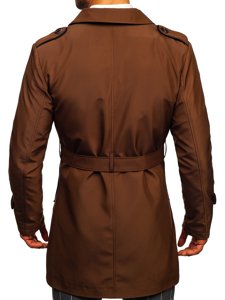 Men's Double-breasted Trench Coat with High Collar and Belt Brown Bolf 0001
