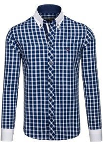 Men's Elegant Checked Long Sleeve Shirt Navy Blue Bolf 5737