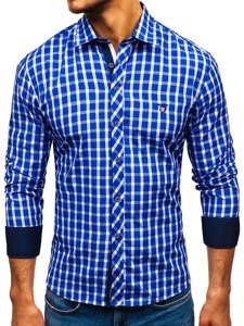 Men's Elegant Checked Long Sleeve Shirt Royal Blue Bolf 4747