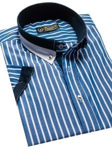 Men's Elegant Checked Short Sleeve Shirt Blue Bolf 4501