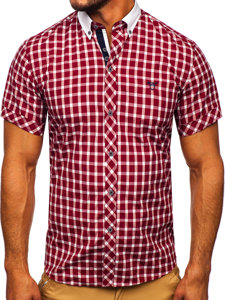 Men's Elegant Checked Short Sleeve Shirt Claret Bolf 5531