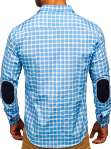 Men's Elegant Checkered Long Sleeve Shirt Sky Blue Bolf 4747-1