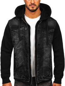 Men's Hooded Denim Jacket Black Bolf 801