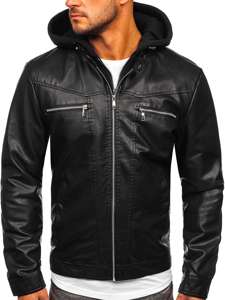 Men's Hooded Leather Jacket Black Bolf 1169