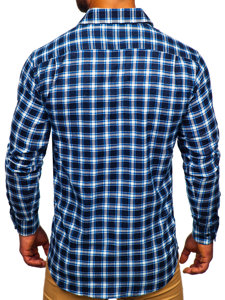 Men's Long Sleeve Chckered Flannel Shirt Blue Bolf F7
