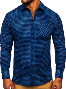 Men's Long Sleeve Chckered Flannel Shirt Navy Blue Bolf F8-2