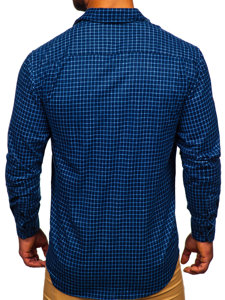 Men's Long Sleeve Chckered Flannel Shirt Navy Blue Bolf F8-2