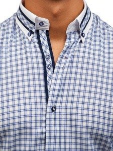 Men's Long Sleeve Checkered Shirt Blue Bolf 8808