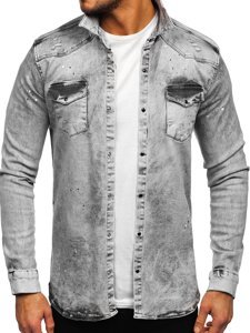 Men's Long Sleeve Denim Shirt Grey Bolf R709
