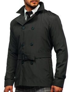 Men’s Short Double-breasted Trench Coat with High Collar and Belt Graphite Bolf 0007