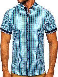 Men's Short Sleeve Checkered Shirt Turquoise Bolf 4510