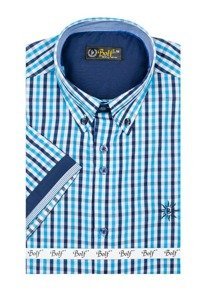 Men's Short Sleeve Checkered Shirt Turquoise Bolf 4510