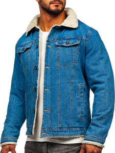 Men's Warm Trucker Denim Jacket with Furry Collar Blue Bolf 1157