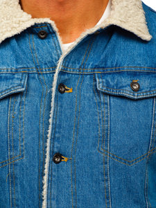 Men's Warm Trucker Denim Jacket with Furry Collar Blue Bolf 1157