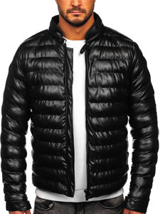 Men's Winter Leather Quilted Jacket Black Bolf 0021