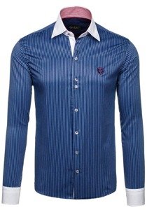 Navy Blue Men's Elegant Striped Long Sleeve Shirt Bolf 4784