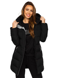 Women's Longline Quilted Winter Coat Jacket with Hood Black Bolf 7091
