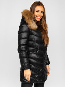 Women's Longline Quilted Winter Coat Jacket with Natural Fur Black Bolf M688