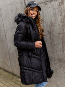 Women's Longline Quilted Winter Jacket with Hood Black Bolf 5M731